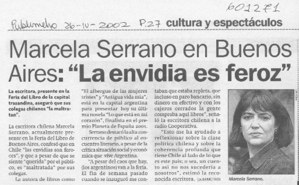 Marcela Serrano en Buenos Aires, "la envidia es feroz"  [artículo]