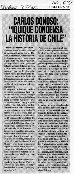Carlos Donoso, "Iquique condesa la historia de Chile"  [artículo] Pedro Marambio Vásquez