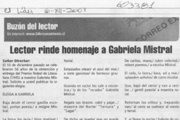 Lector rinde homenaje a Gabriela Mistral  [artículo] Juan Meza Sepúlveda
