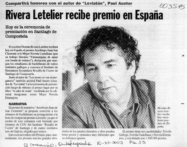 Rivera Letelier recibe premio en España  [artículo]