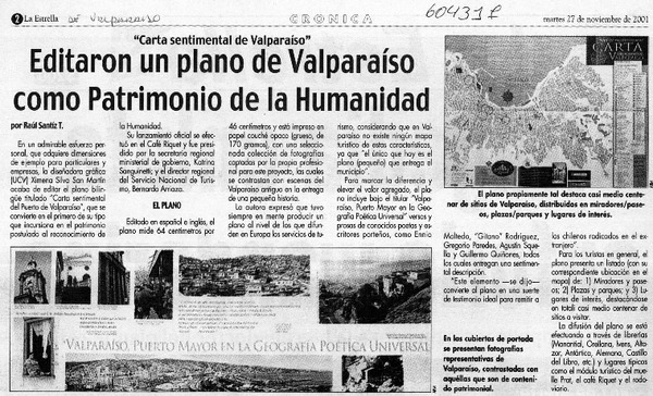 Editaron un plano de Valparaíso como patrimonio de la humanidad  [artículo] Raúl Santíz T.