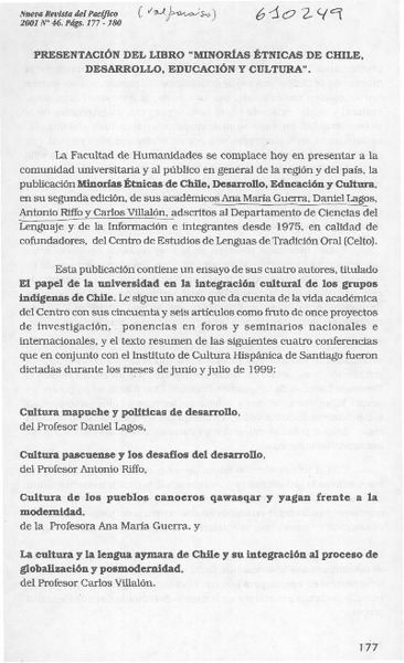 Presentación del libro "Minorías étnicas de Chile, desarrollo, educación y cultura"  [artículo] Hugo Cifuentes Salinas