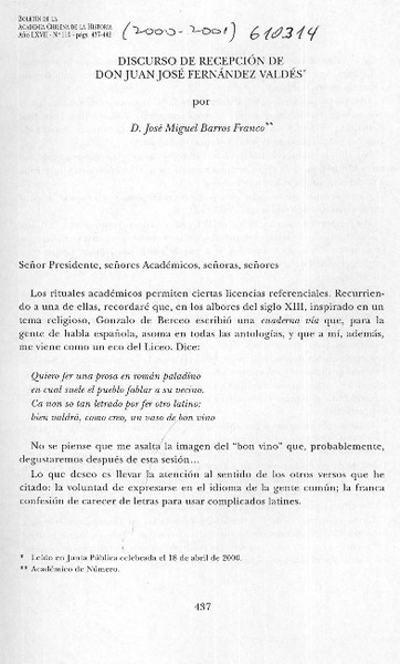 Discurso de recepción de don Juan José Fernández Valdés  [artículo] José Miguel Barros Franco