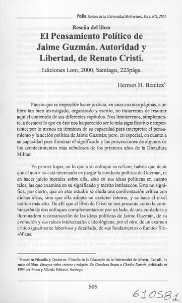 El pensamiento político de Jaime Guzmán, autoridad y libertad, de Renato Cristi  [artículo] Hermes H. Benítez