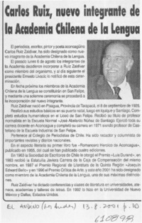 Carlos Ruíz, nuevo integrante de la Academia Chilena de la Lengua  [artículo]