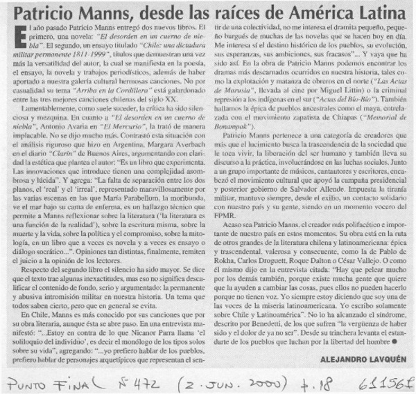 Patricio Manns, desde las raíces de América Latina  [artículo] Alejandro Lavquen