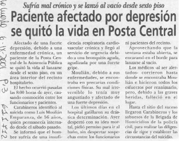 Paciente afectado por depresión se quitó la vida en Posta Central  [artículo]
