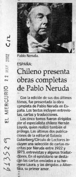Chileno representa obras completas de Pablo Neruda  [artículo]