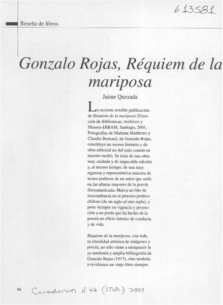 Gonzalo Rojas, Réquiem de la mariposa  [artículo] Jaime Quezada