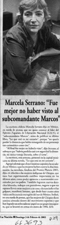 Marcela Serrano, "Fue mejor no haber visto al subcomandante Marcos"  [artículo]