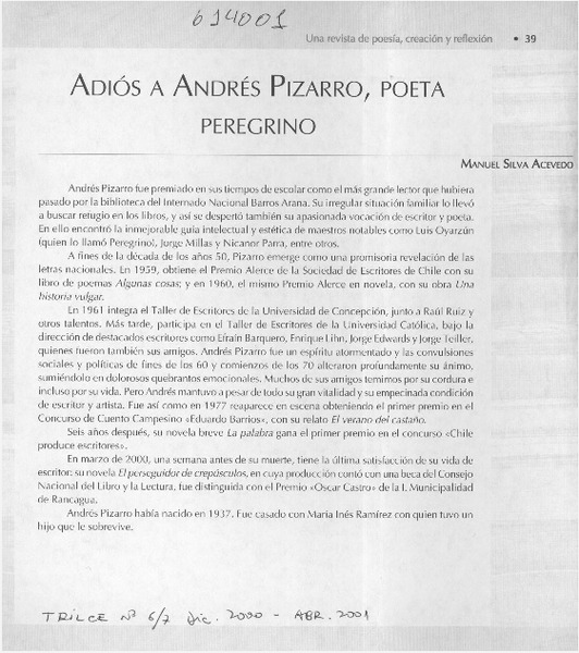 Adiós a Andrés Pizarro, poeta peregrino  [artículo] Manuel Silva Acevedo