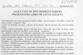 Alocución de don Modesto Parera presentando libro de Lucía Lezaeta  [artículo]
