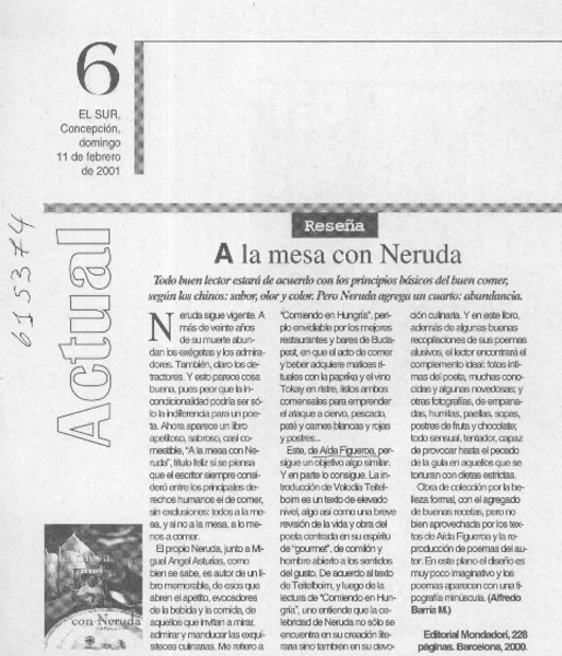 A la mesa con Neruda  [artículo] Alfredo Barría M.