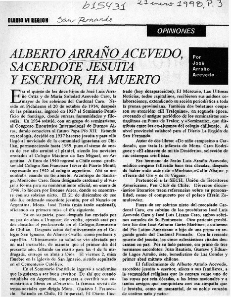 Alberto Arraño Acevedo, sacerdote jesuita y escritor, ha muerto  [artículo] José Arraño Acevedo