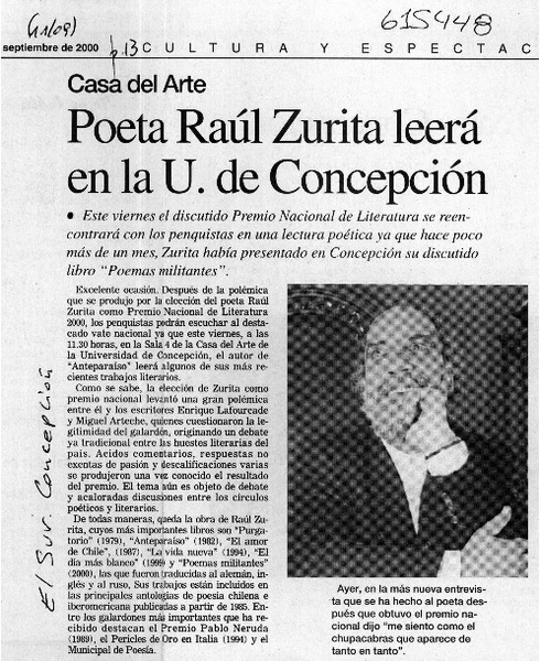 Poeta Raúl Zurita leerá en la U. de Concepción  [artículo]