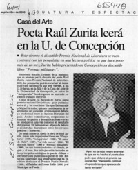 Poeta Raúl Zurita leerá en la U. de Concepción  [artículo]