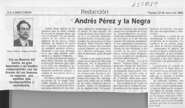 Andrés Pérez y la Negra  [artículo] Juan Gabriel Araya Grandón