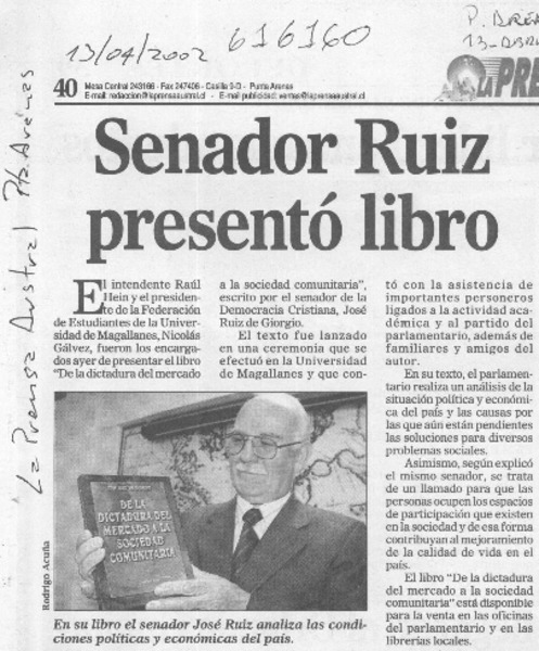 Senador Ruiz presentó libro  [artículo]