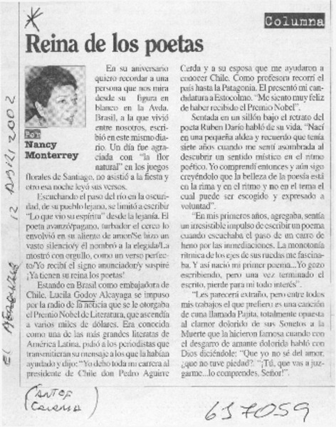 Reina de los poetas  [artículo] Nancy Monterrey