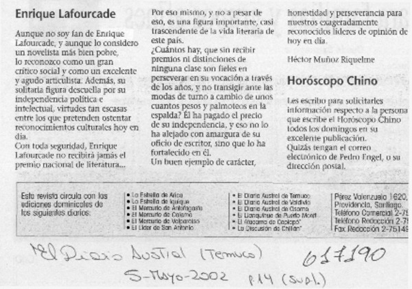 Enrique Lafourcade  [artículo] Héctor Muñoz Riquelme