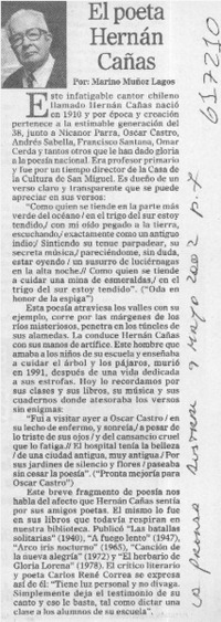 El poeta Hernán Cañas  [artículo] Marino Muñoz Lagos