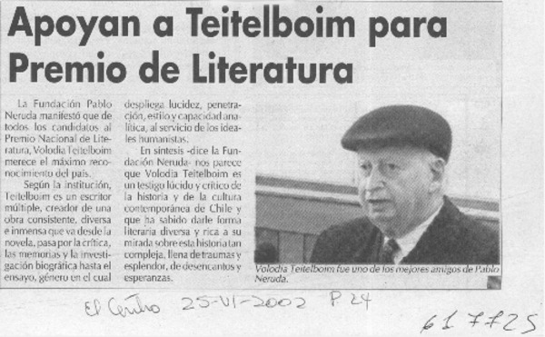 Apoyan a Teitelboim para Premio de Literatura  [artículo]