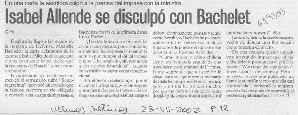 Isabel allende se disculpó con Bachelet  [artículo] G. M.