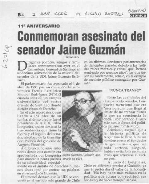 Conmemoran asesinato del senador Jaime Guzmán  [artículo]