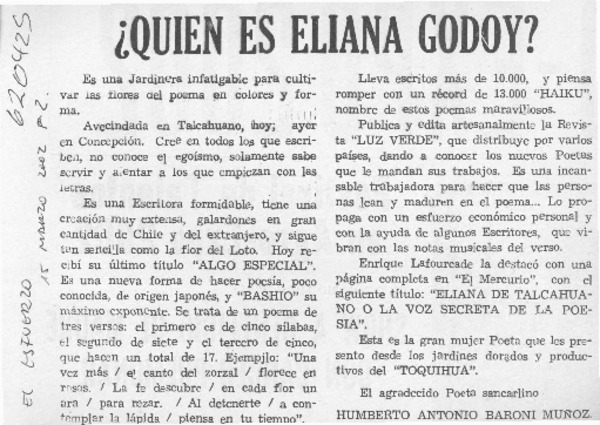 ¿Quien es Eliana Godoy?  [artículo] Humberto Antonio Baroni Muñoz