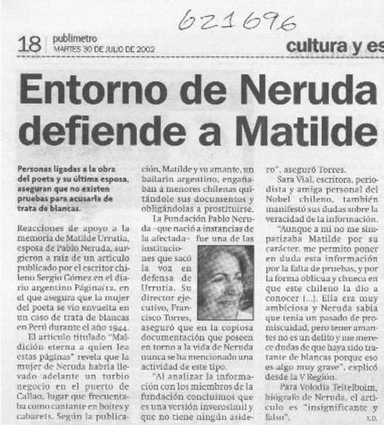 Entorno de Neruda defiende a Matilde  [artículo] X. O.