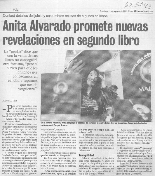 Anita Alvarado promete nuevas revelaciones en segundo libro  [artículo] Alejandra Toro