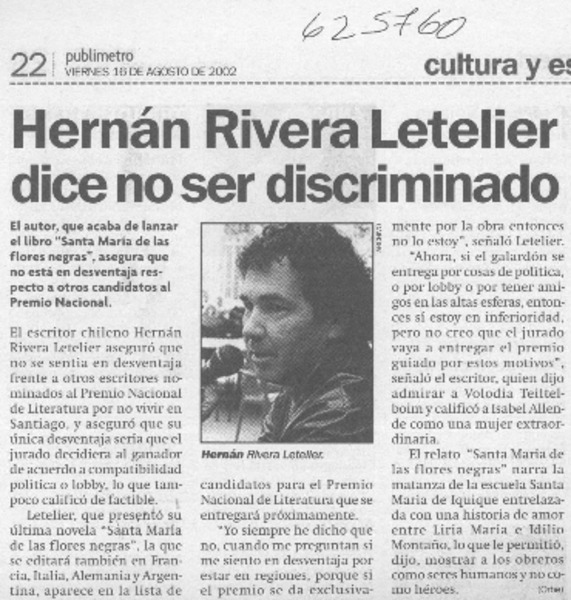 Hernán Rivera Letelier dice no ser discriminado  [artículo]