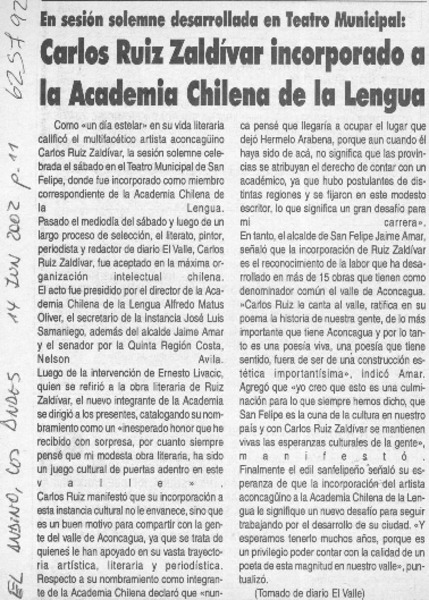 Carlos Ruíz Zaldívar incorporado a la Academia Chilena de la Lengua  [artículo]