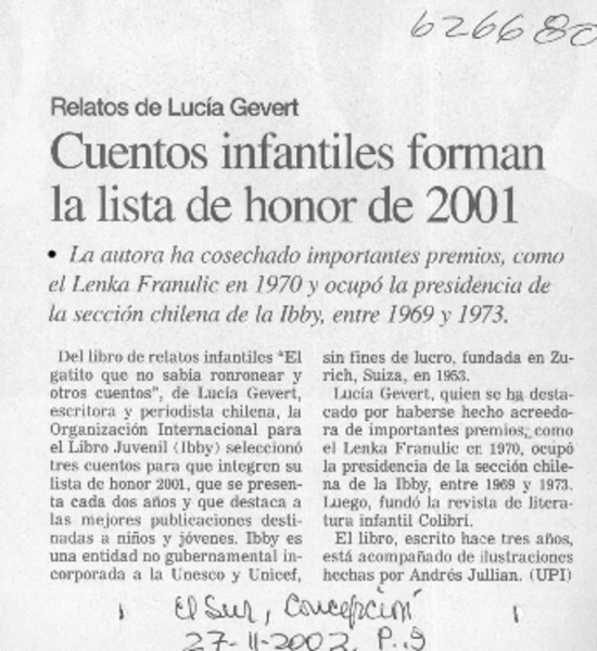 Cuentos infantiles forman la lista de honor de 2001  [artículo]
