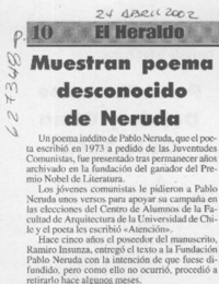 Muestran poema desconocido de Neruda  [artículo]
