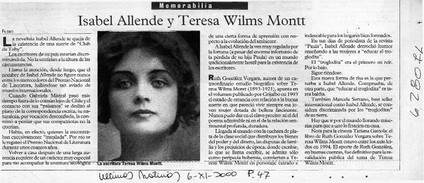 Isabel Allende y Teresa Wilms Montt  [artículo] Filebo