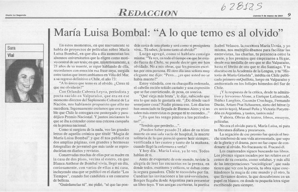 María Luisa Bombal, "A lo que temo es al olvido"  [artículo] Sara Vial