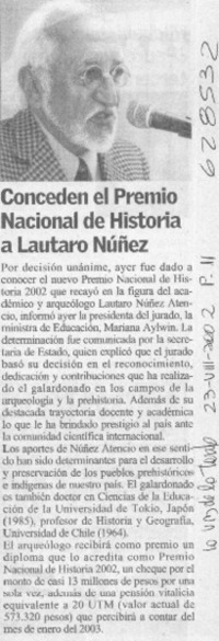 Conceden el Premio Nacional de Historia a Lautaro Núñez  [artículo]