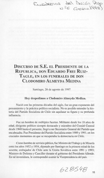 Discurso de S.E. el Presidente de la República, don Eduardo Frei Ruiz-Tagle, en los funerales de don Clodomiro Almeyda Medina  [artículo]