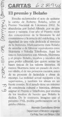 El premio y Bolaño  [artículo] Hernán Castellano Girón