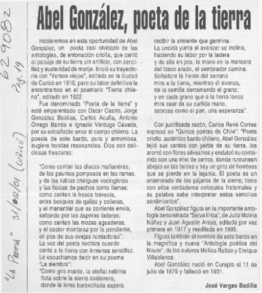 Abel González, poeta de la tierra  [artículo] José Vargas Badilla