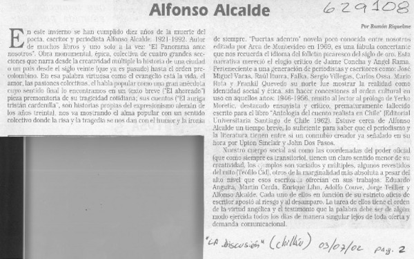 Alfonso Alcalde  [artículo] Ramón Riquelme