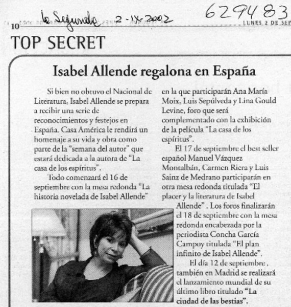 Isabel Allende regalona es España  [artículo]
