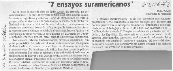 "7 ensayos suramericanos"  [artículo] Víctor Vidal S.