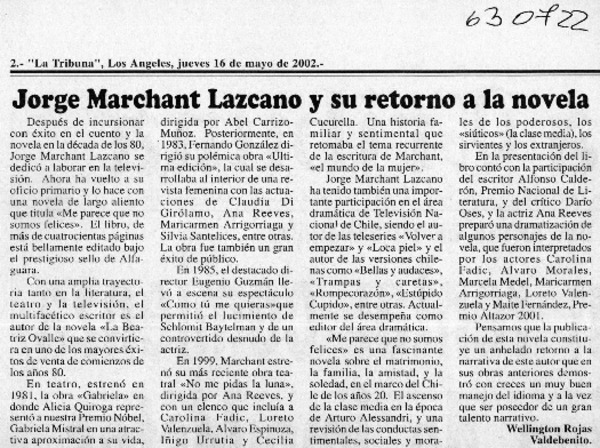 Jorge Marchant Lazcano y su retorno a la novela  [artículo] Wellington Rojas Valdebenito