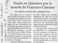 Duelo en Quintero por la muerte de Francisco Coloane  [artículo]