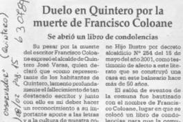 Duelo en Quintero por la muerte de Francisco Coloane  [artículo]