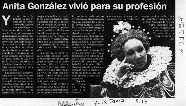 Anita González vivio para su profesión  [artículo]