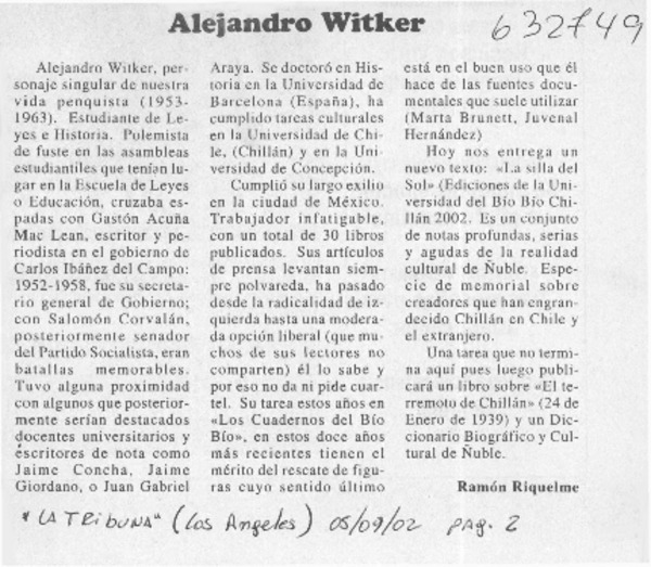 Alejandro Witker  [artículo] Ramón Riquelme