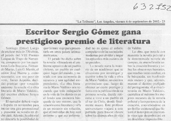 Escritor Sergio Gómez gana prestigioso premio de literatura  [artículo]